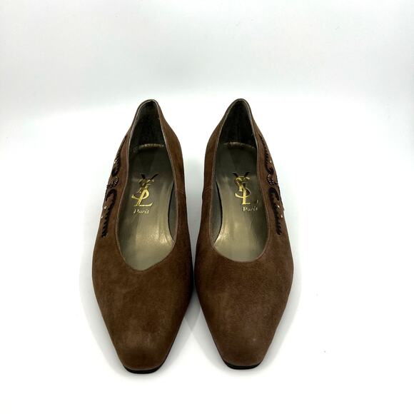 YSL Brown Suede Kitten Heel Pumps Women's 6.5 US NEW - Picture 4 of 9